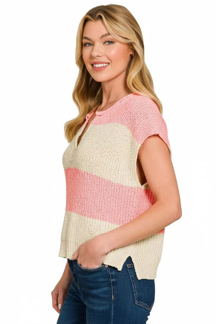 Split-neck striped short-sleeve knit sweater
