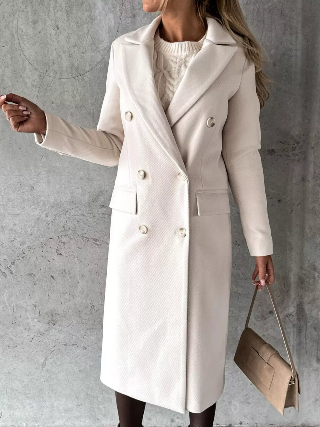 Apricot Double-breasted longline coat with notch lapel and flap pockets