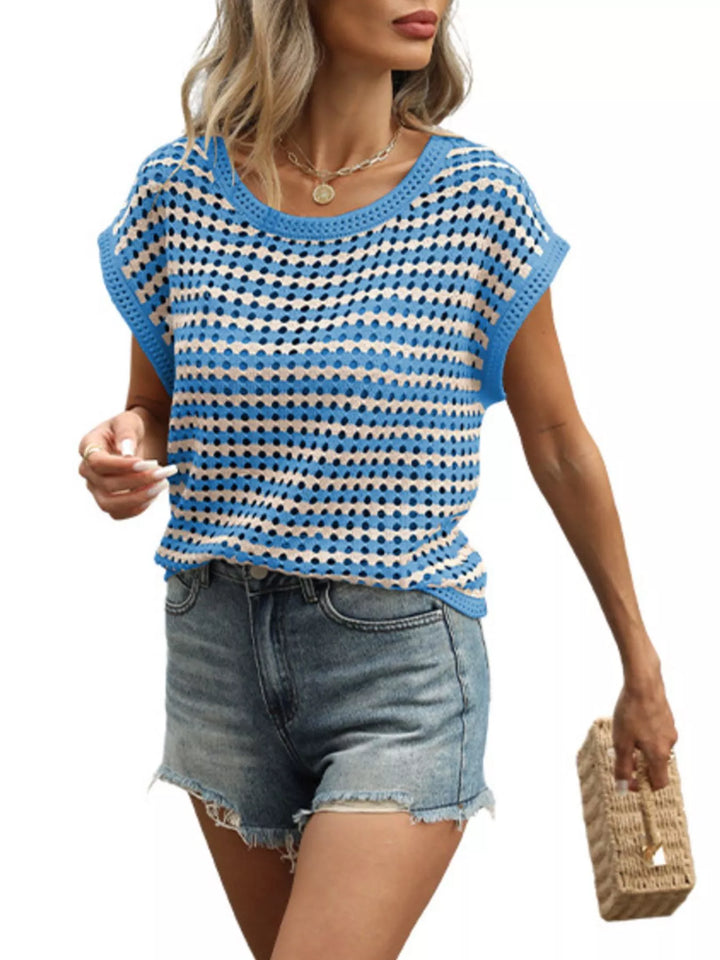 Striped openwork crochet knit top with cap sleeves