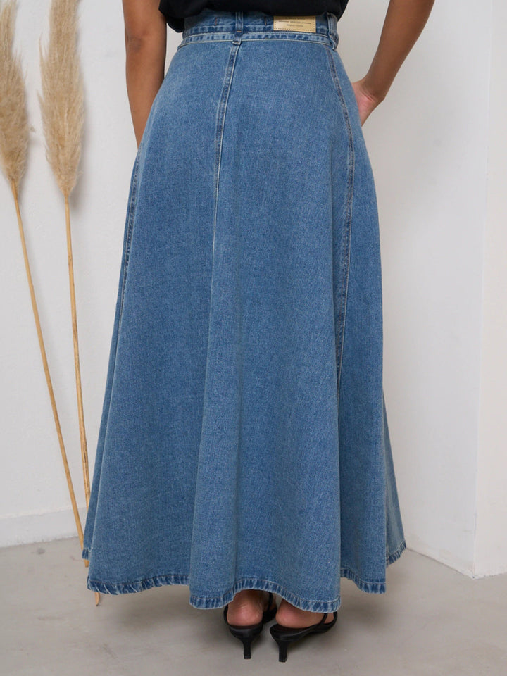 High-waisted belted A-line maxi denim skirt