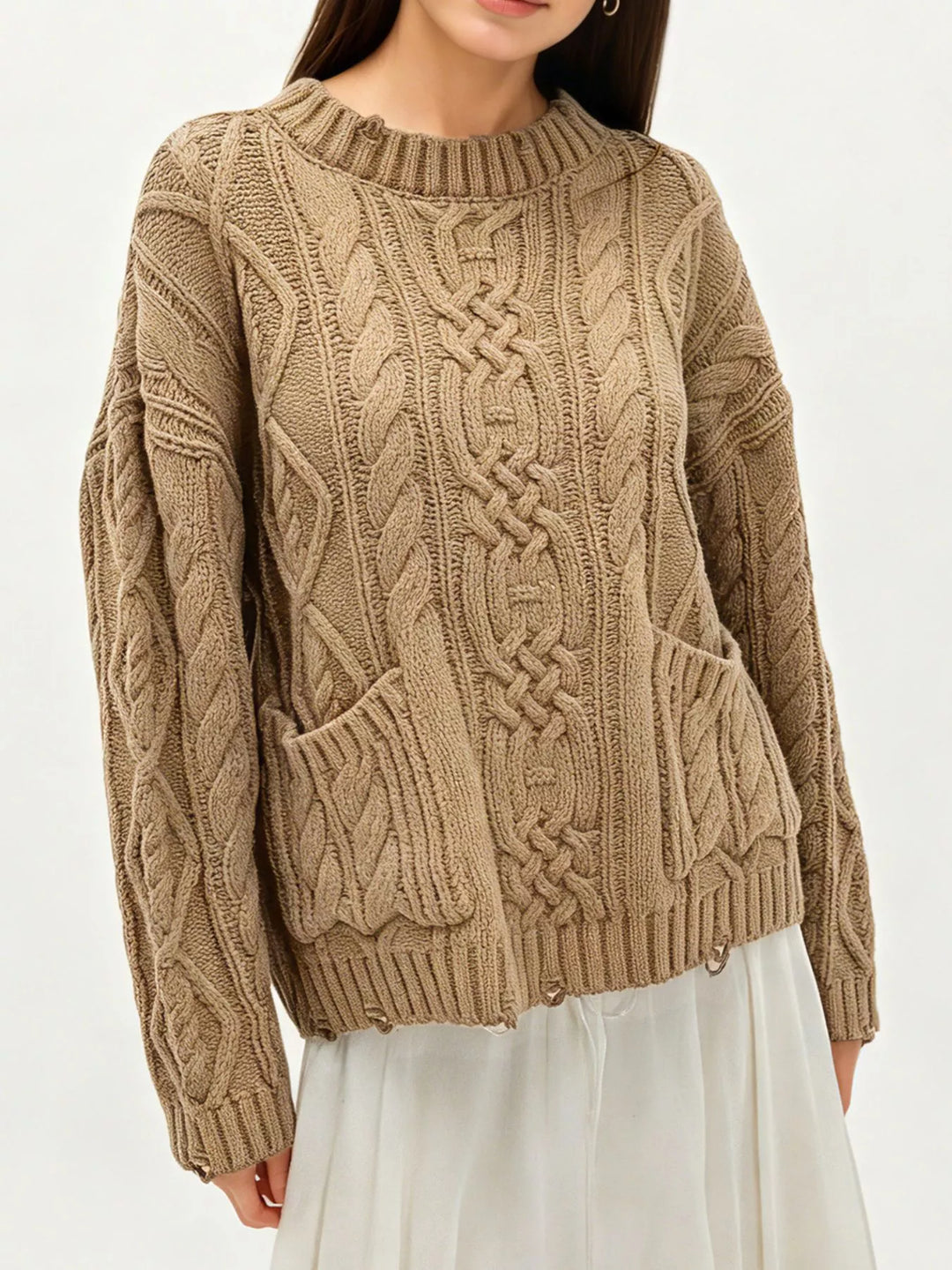 Khaki Cable knit sweater with patch pockets and raw hem