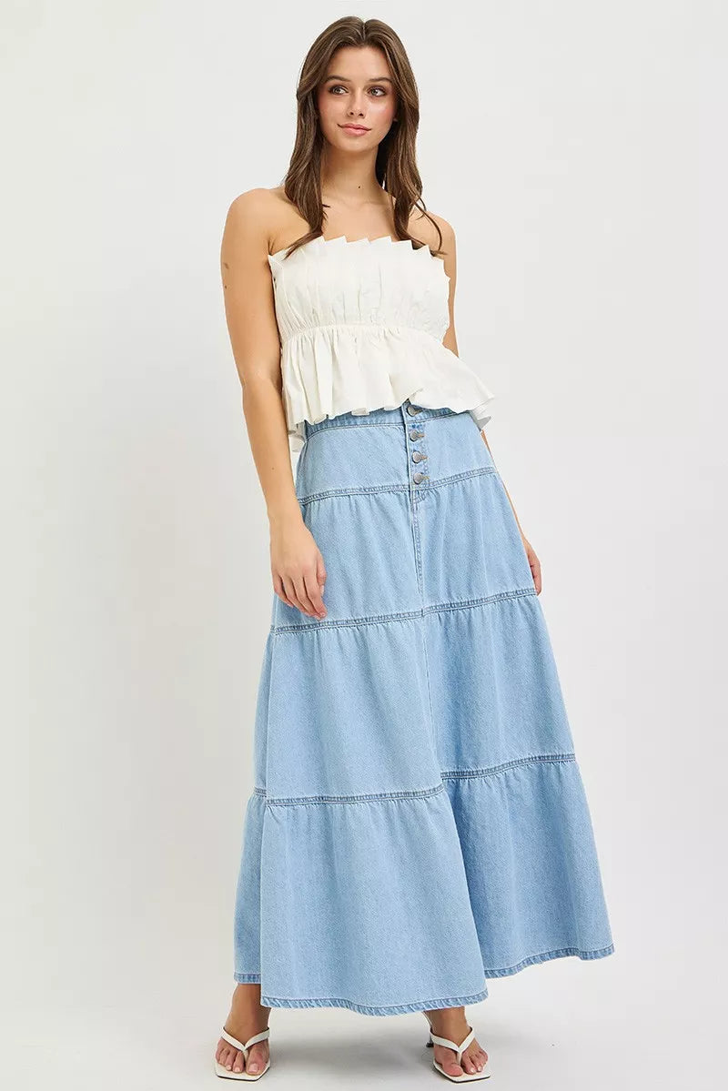High-rise tiered denim maxi skirt with button-front