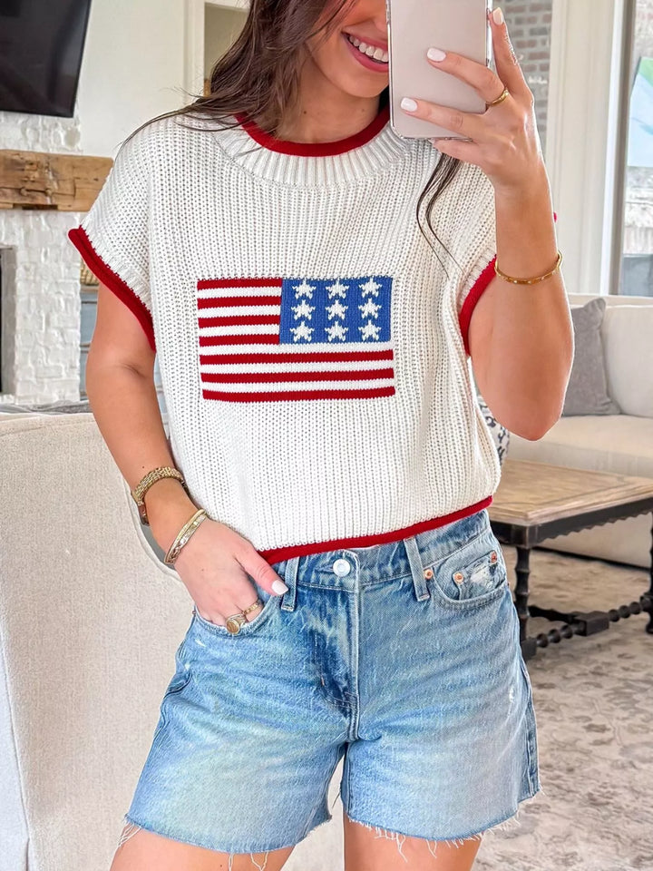 White American flag knit short-sleeve sweater top