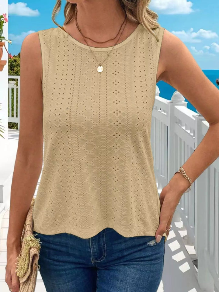 Yellow Eyelet openwork crew-neck tank with scalloped hem