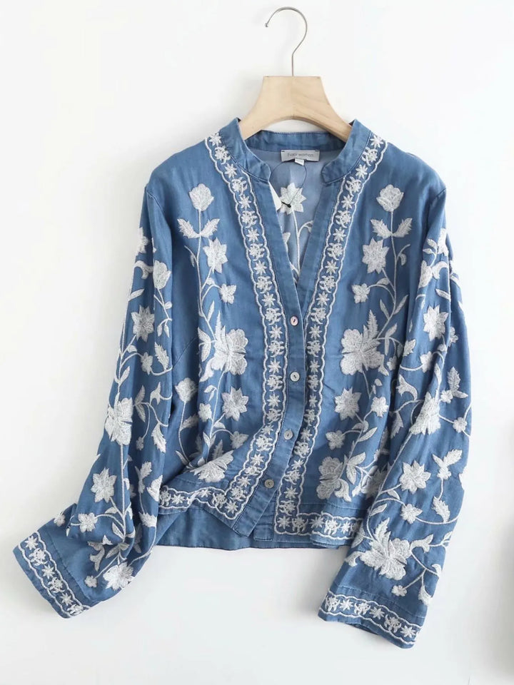 Floral embroidered button-up denim shirt