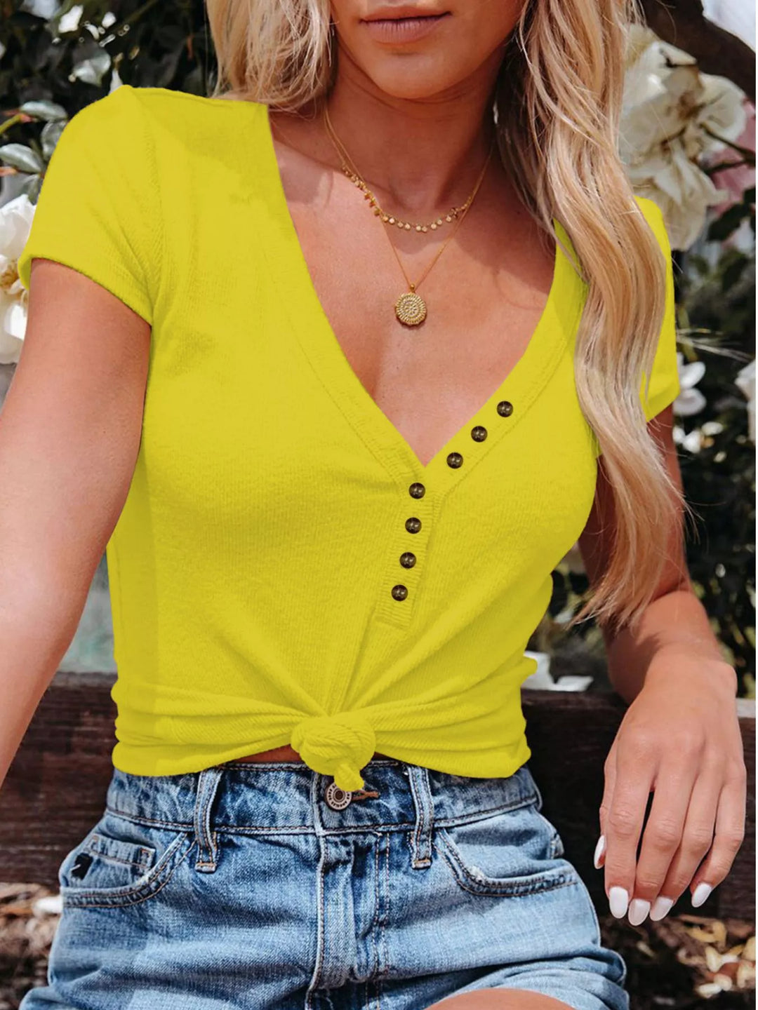 Ribbed v-neck henley tee with button placket