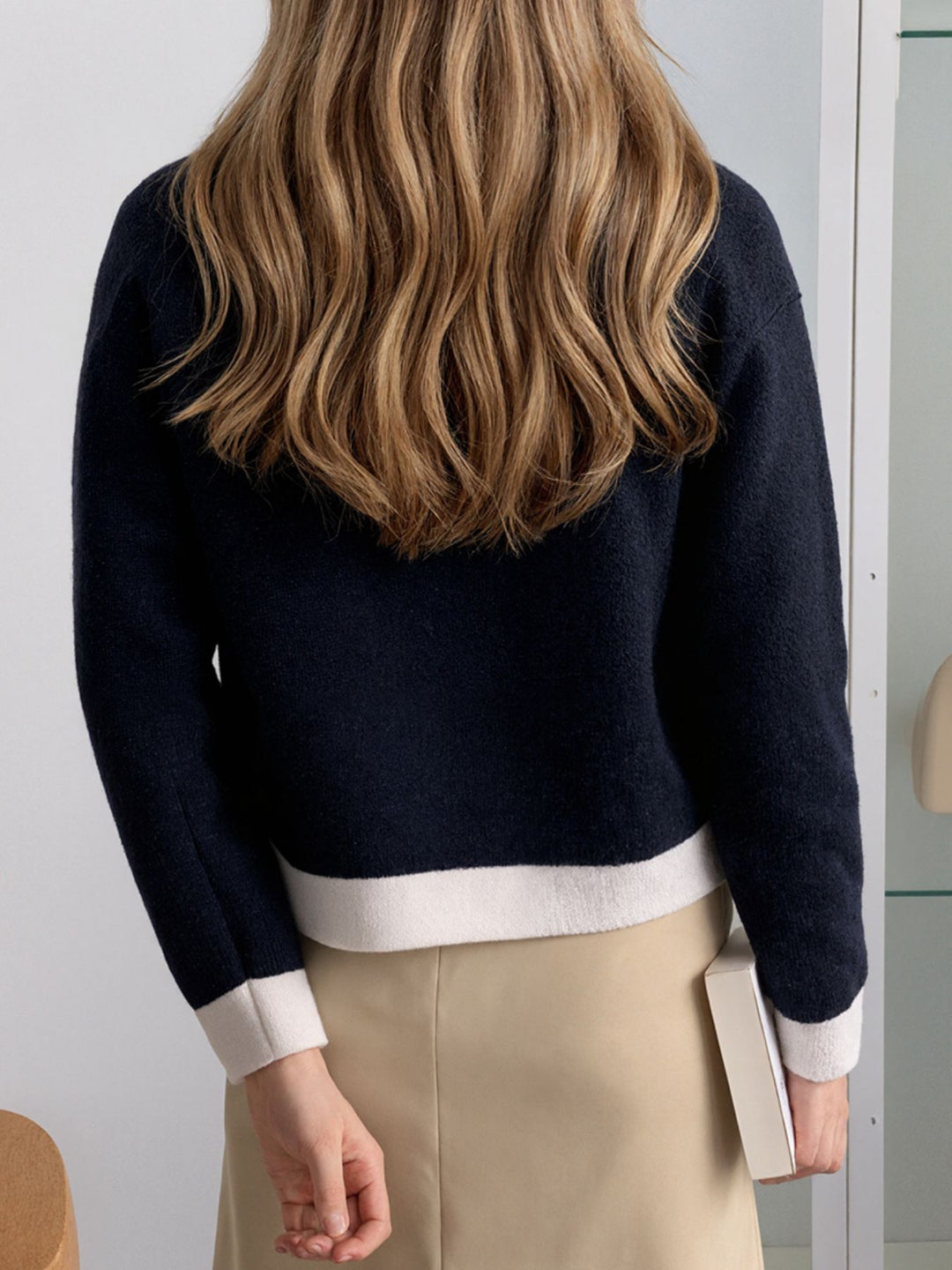 Contrast-trim button-up knit cardigan with patch pockets