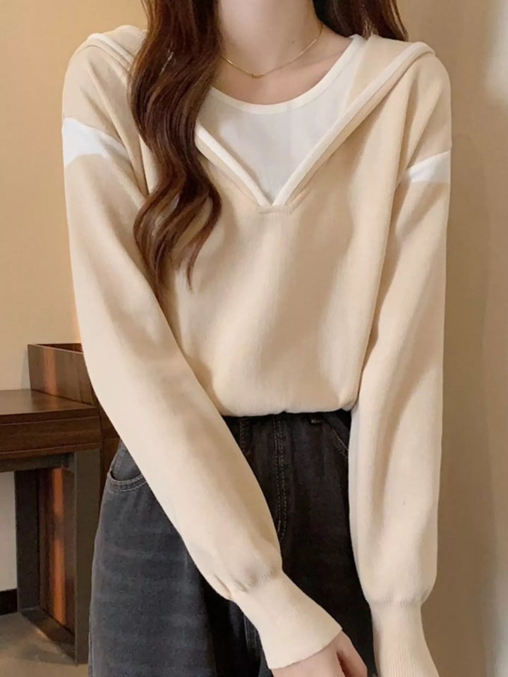 Contrast trim hooded pullover sweater with striped sleeves