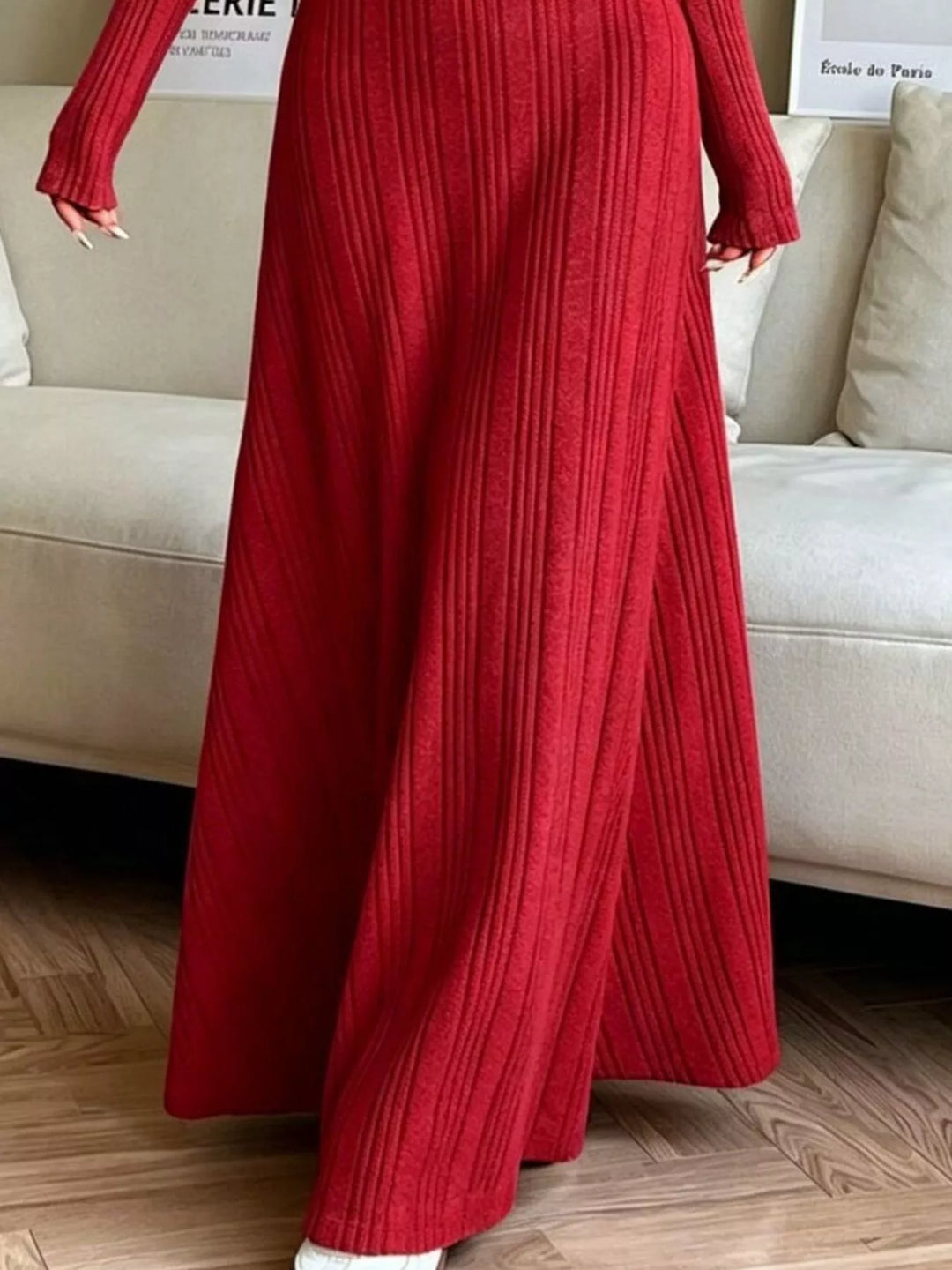 Ribbed knit long sleeve maxi dress with flared skirt