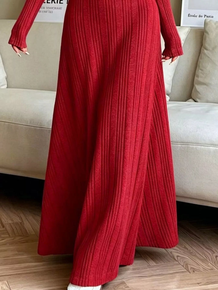 Ribbed knit long sleeve maxi dress with flared skirt
