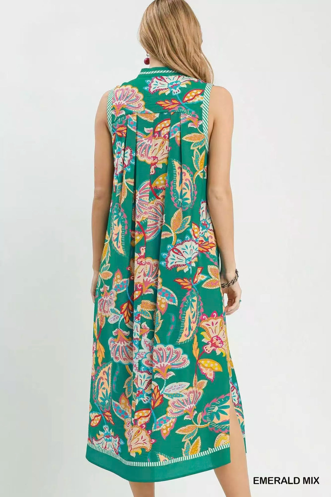 Paisley floral sleeveless midi dress with side pockets