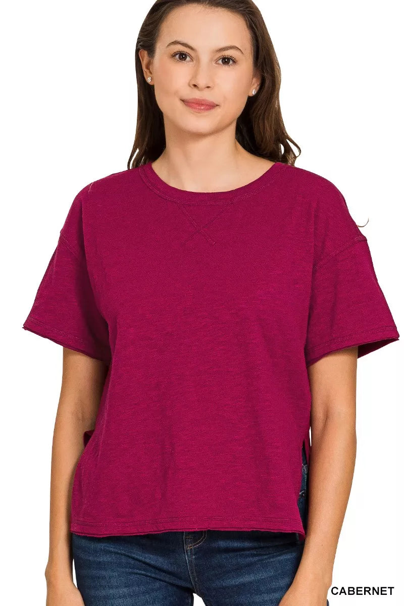 CABERNET Cotton slub crew neck short sleeve tee with raw hem