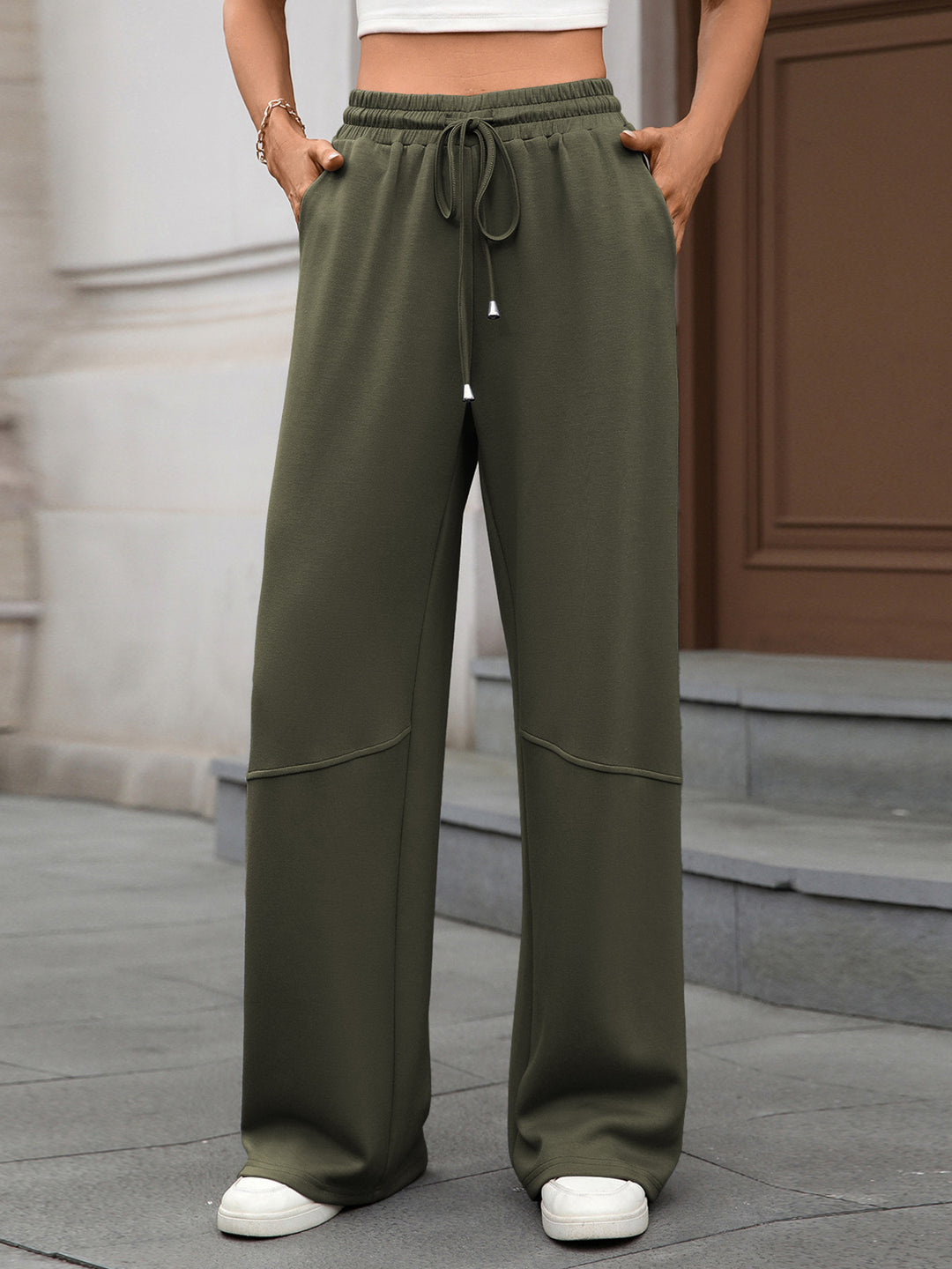 Drawstring high-rise wide leg pants with side pockets