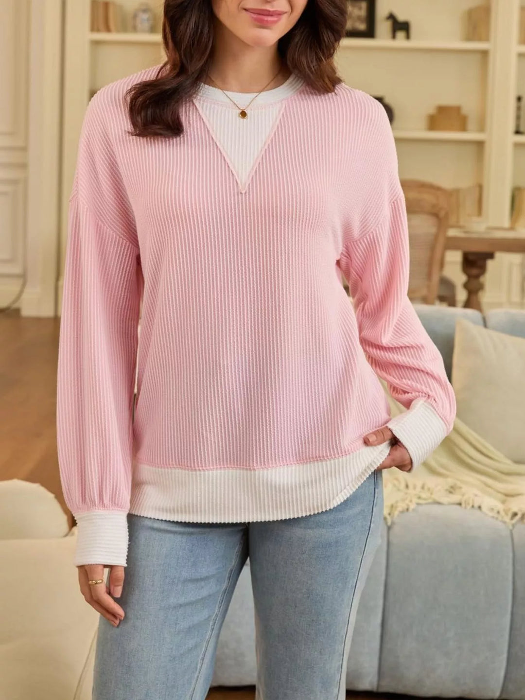 Contrast-trim ribbed dropped-shoulder sweatshirt