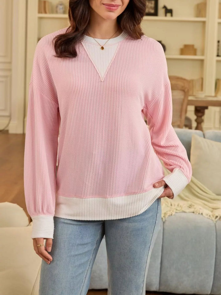 Contrast-trim ribbed dropped-shoulder sweatshirt