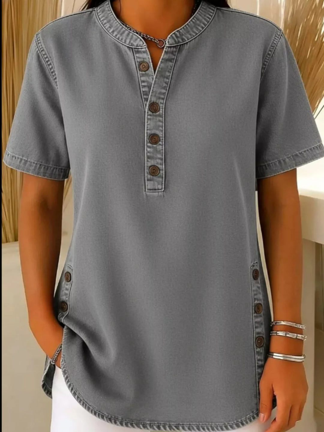 Grey Denim-look button-front short sleeve blouse with side slits