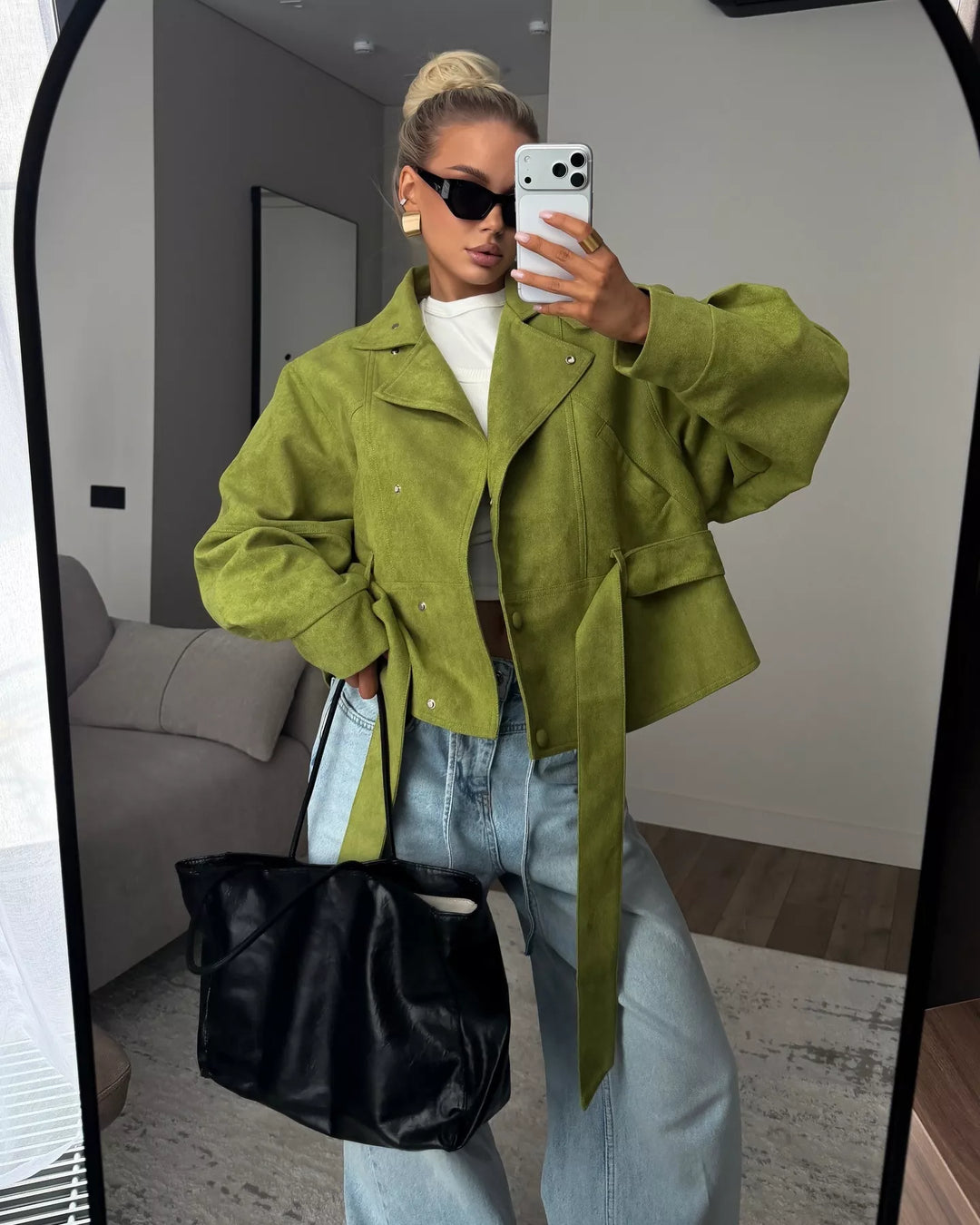 Tie waist cropped jacket with stand collar and snap front