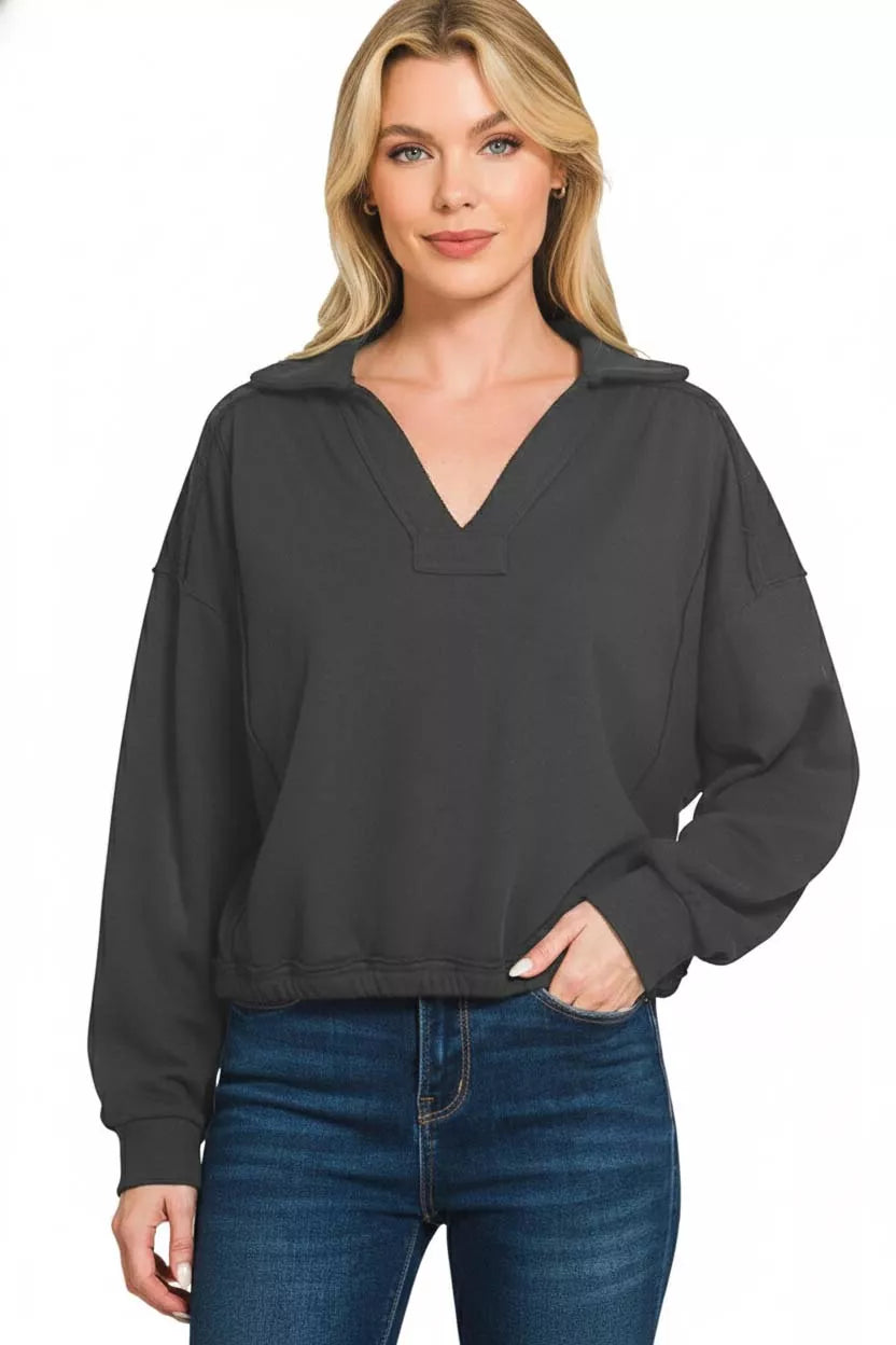Exposed seam collared French terry sweatshirt