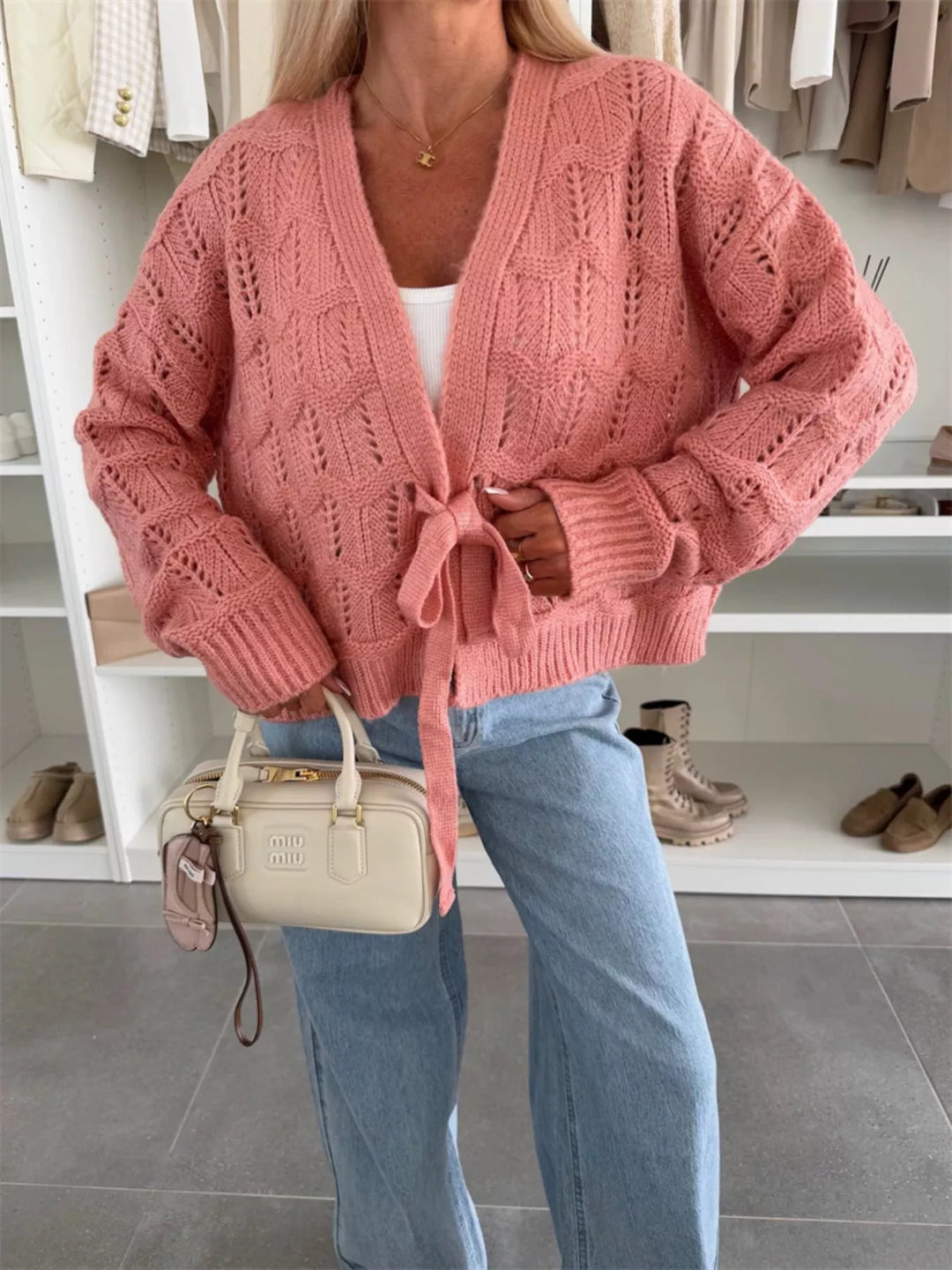 Shrimp Red Openwork tie-front cropped knit cardigan
