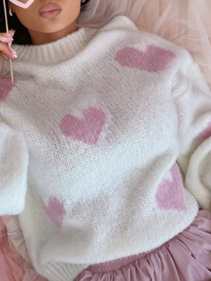 Heart pattern round neck knit sweater with balloon sleeves