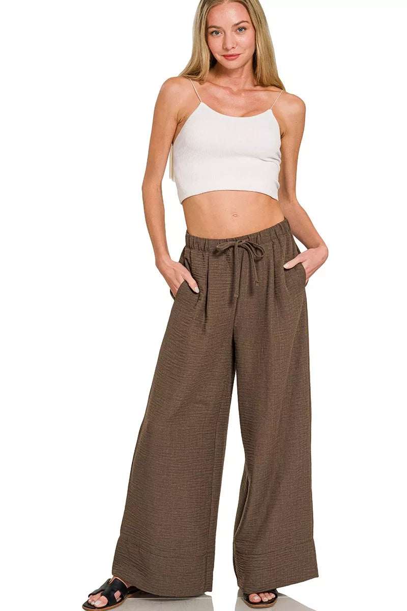 Wide-leg woven drawstring pants with side pockets
