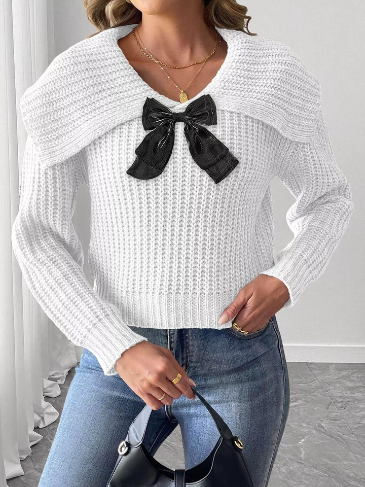 Waffle knit foldover collar sweater with contrast bow