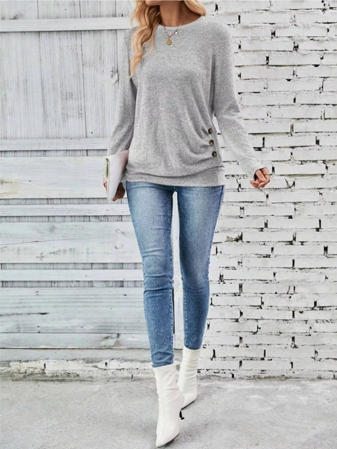 Decorative side-button long sleeve knit top