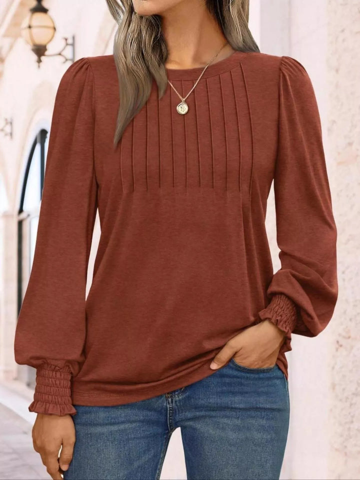 Brown Pintuck front crew neck top with smocked lantern sleeves