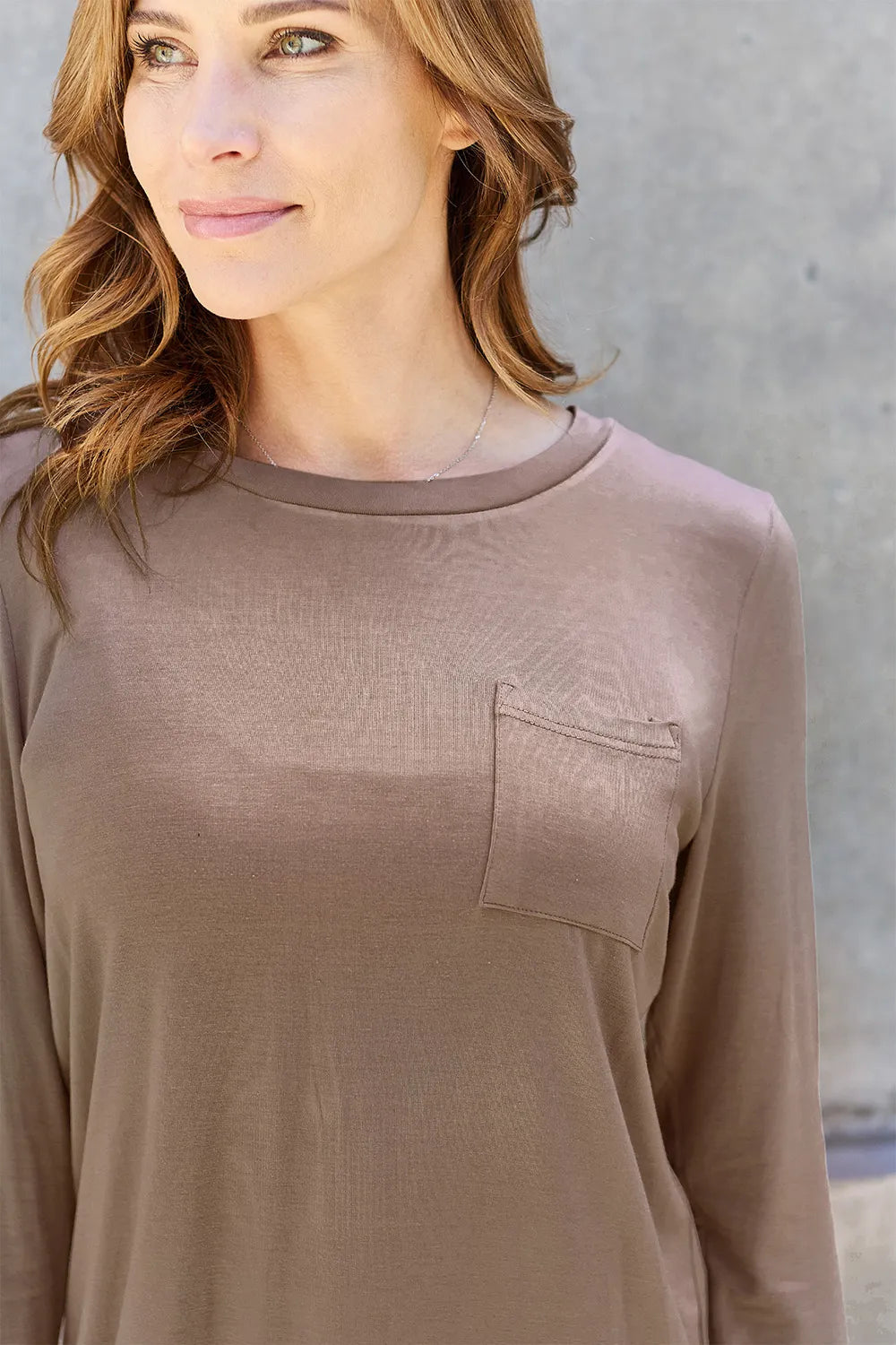 Long sleeve round neck tunic top with chest pocket