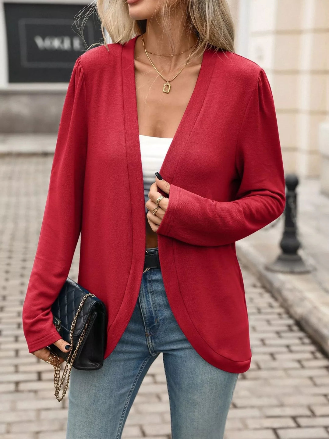 Open front collarless cardigan blazer with curved hem