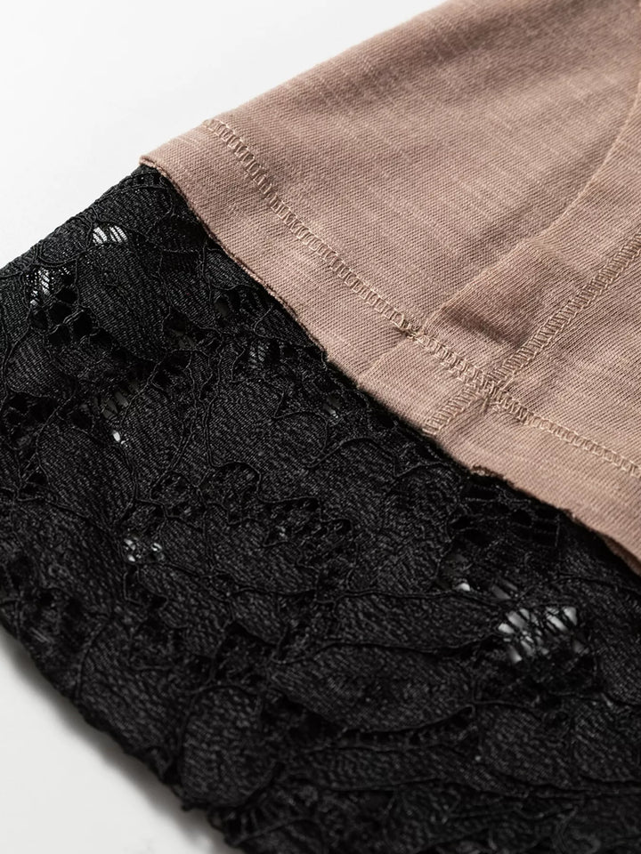 Lace-panel long sleeve tee with exposed seams