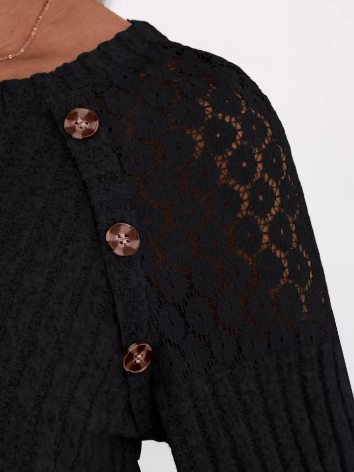 Ribbed knit long sleeve top with lace shoulder detail