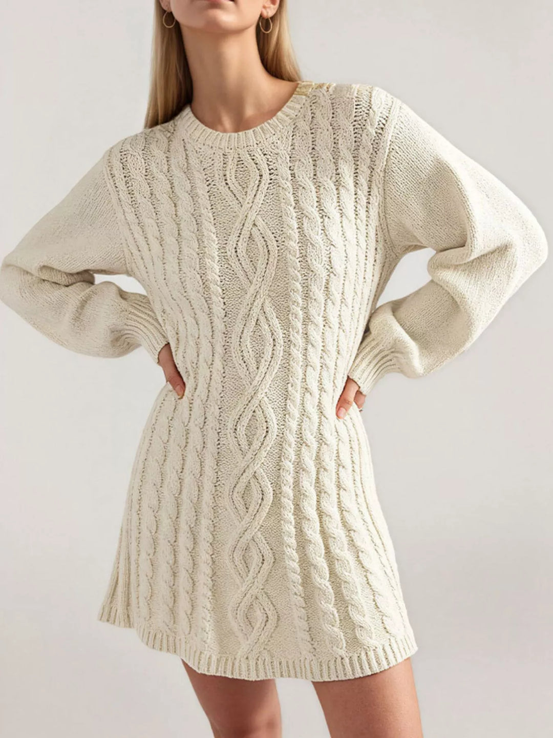 Apricot Cable knit long sleeve sweater mini dress with ribbed hem