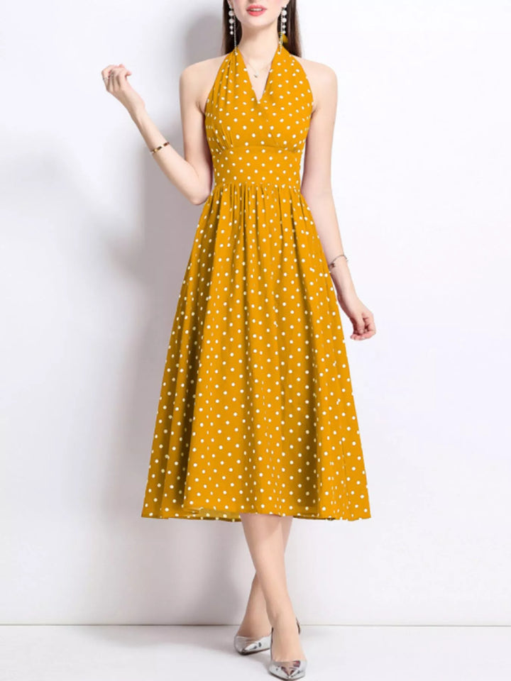 Yellow Polka dot halter midi dress with full A-line skirt