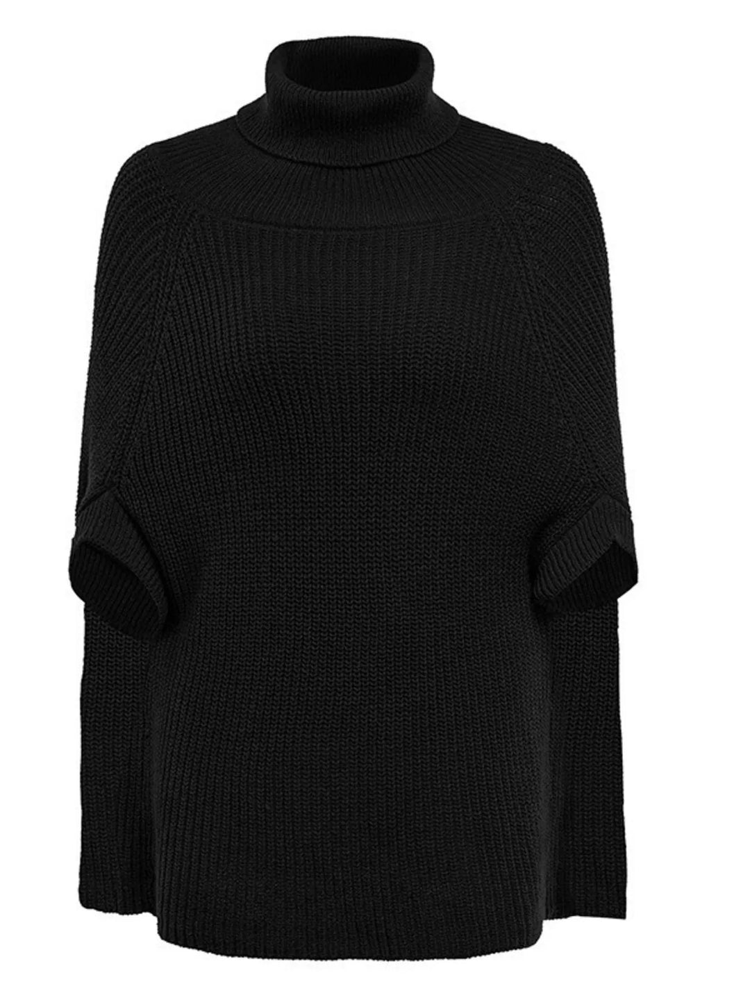 Ribbed turtleneck cape sweater with side slits