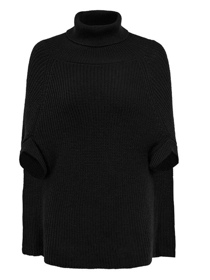 Ribbed turtleneck cape sweater with side slits