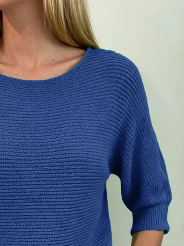 Ribbed knit round neck sweater with dolman sleeves