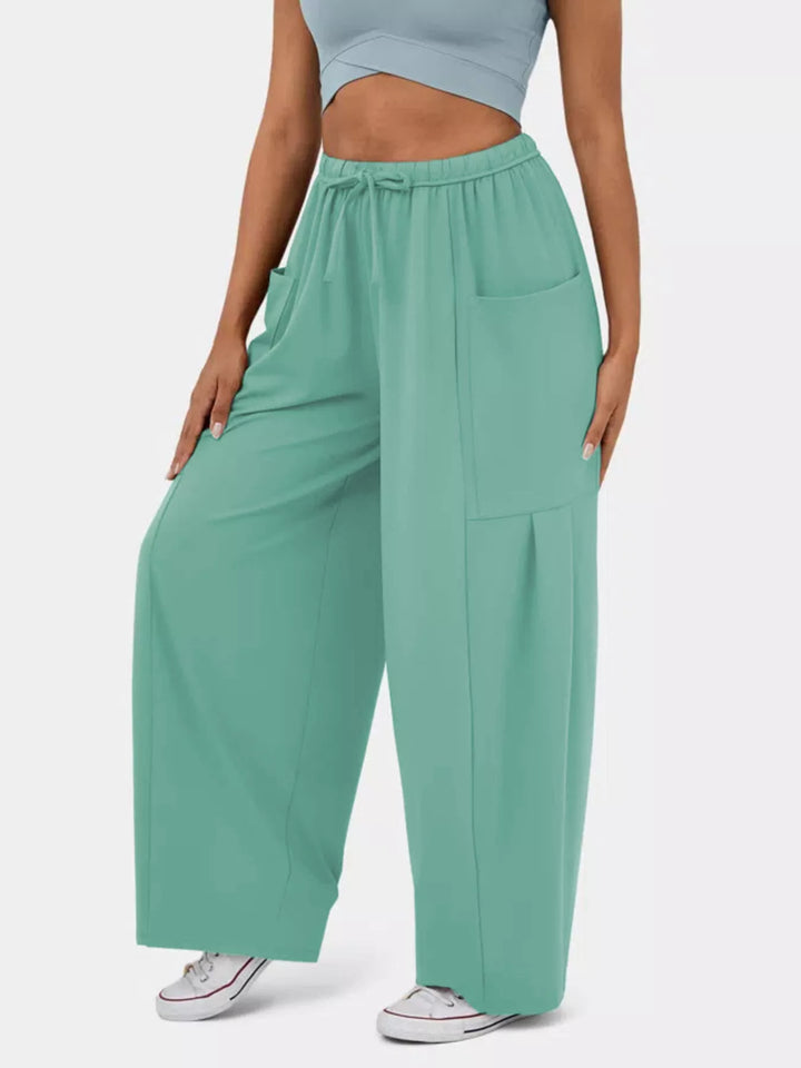 Light Green High-rise drawstring wide-leg pants with patch pockets