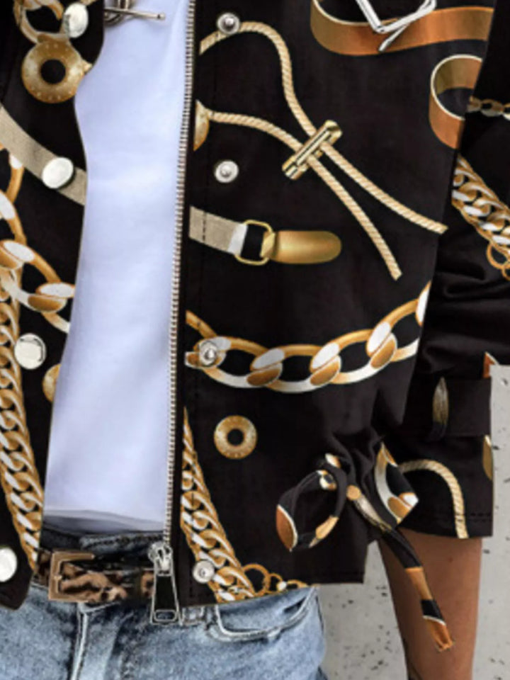 Abstract print cropped utility jacket with drawstring hem
