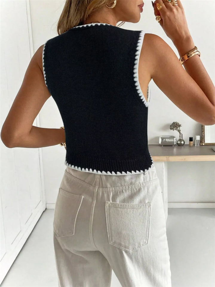 Contrast crochet-trim button-up sweater vest
