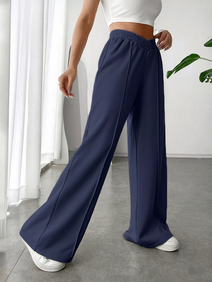 High waist wide leg pull-on pants with V-notch waistband