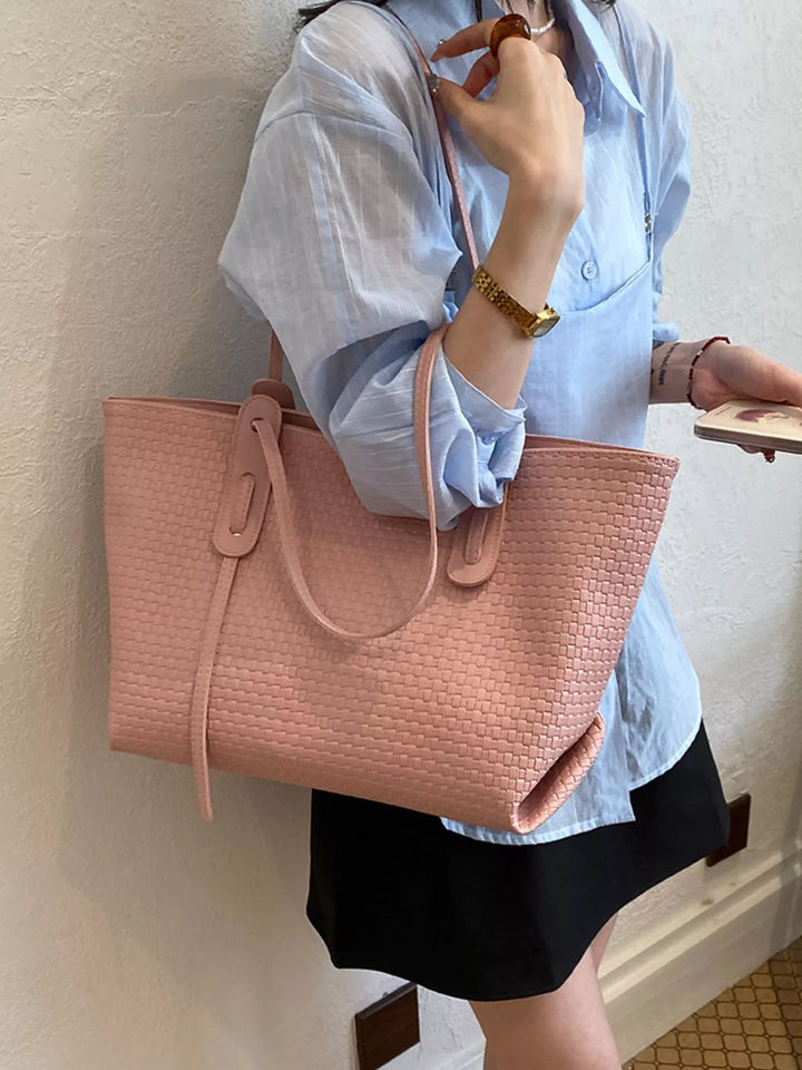 Pink Woven texture faux leather large shoulder tote bag