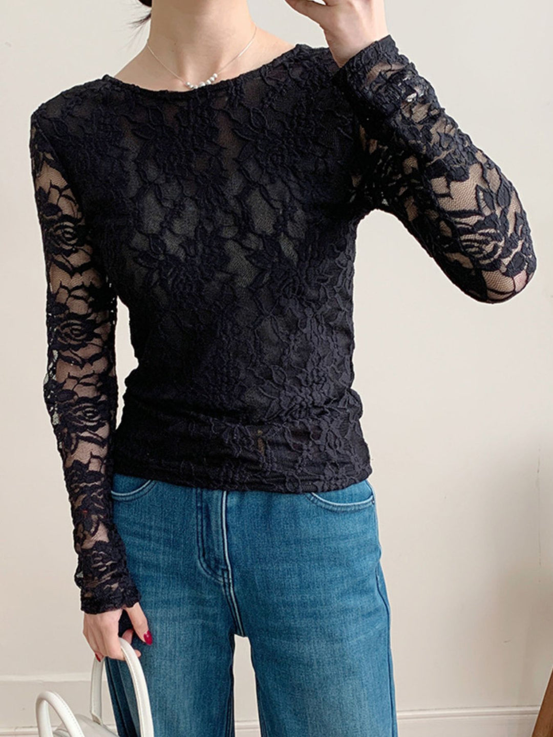 Black Sheer floral lace round neck long sleeve top