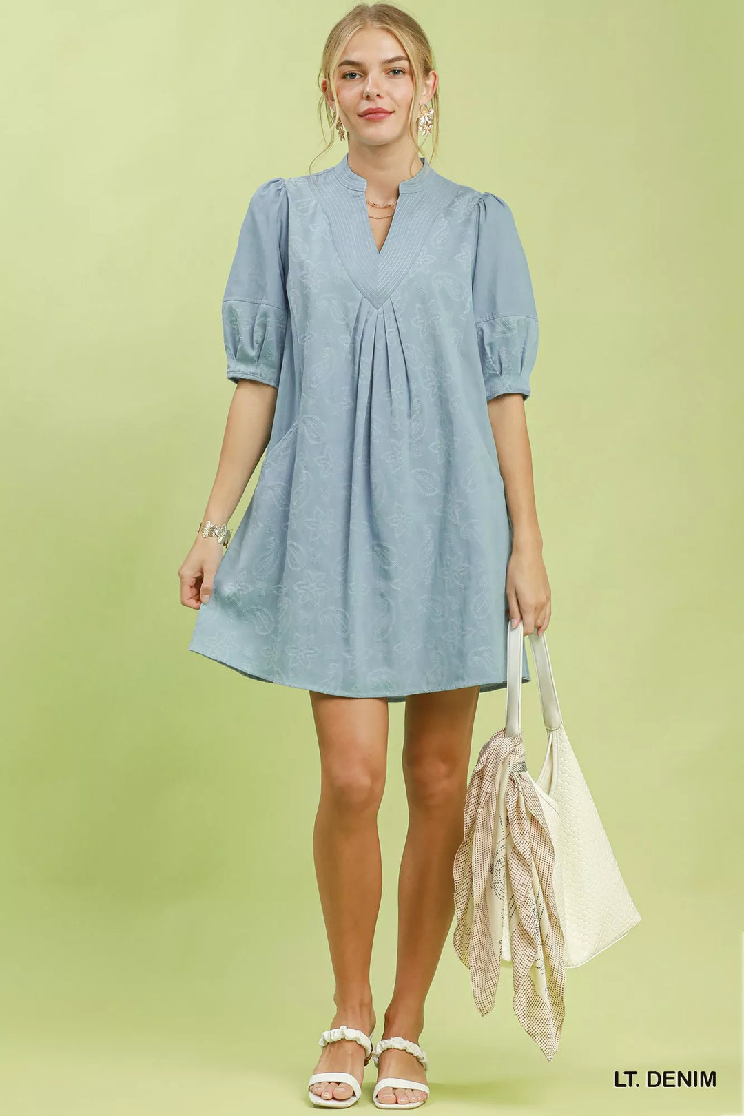 Floral contrast-stitch denim mini dress with pintuck V-neck
