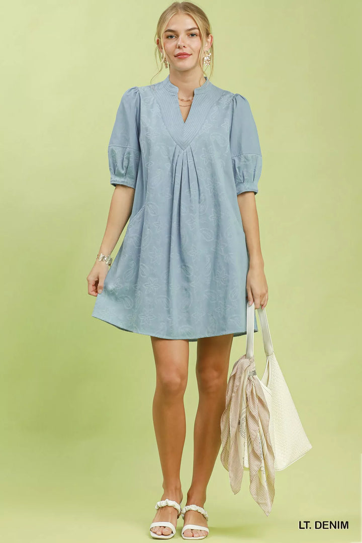 Floral contrast-stitch denim mini dress with pintuck V-neck