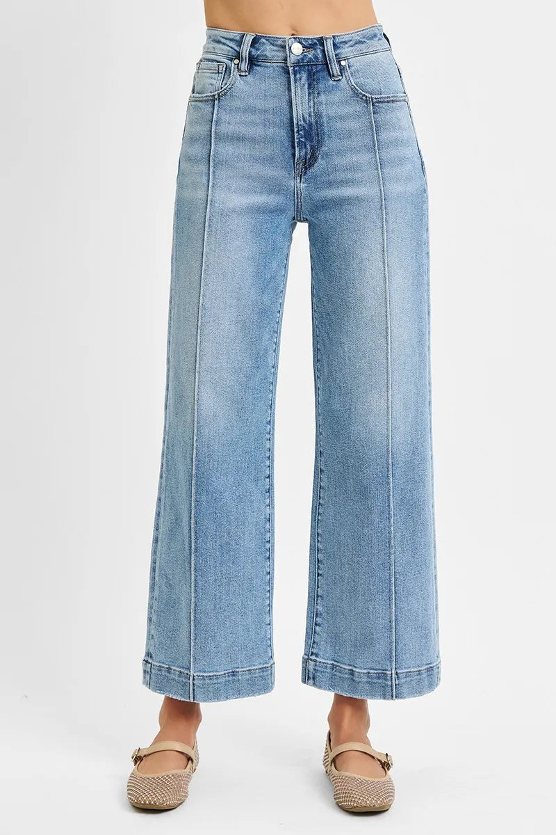 High-rise wide leg crop jeans with front seam detail