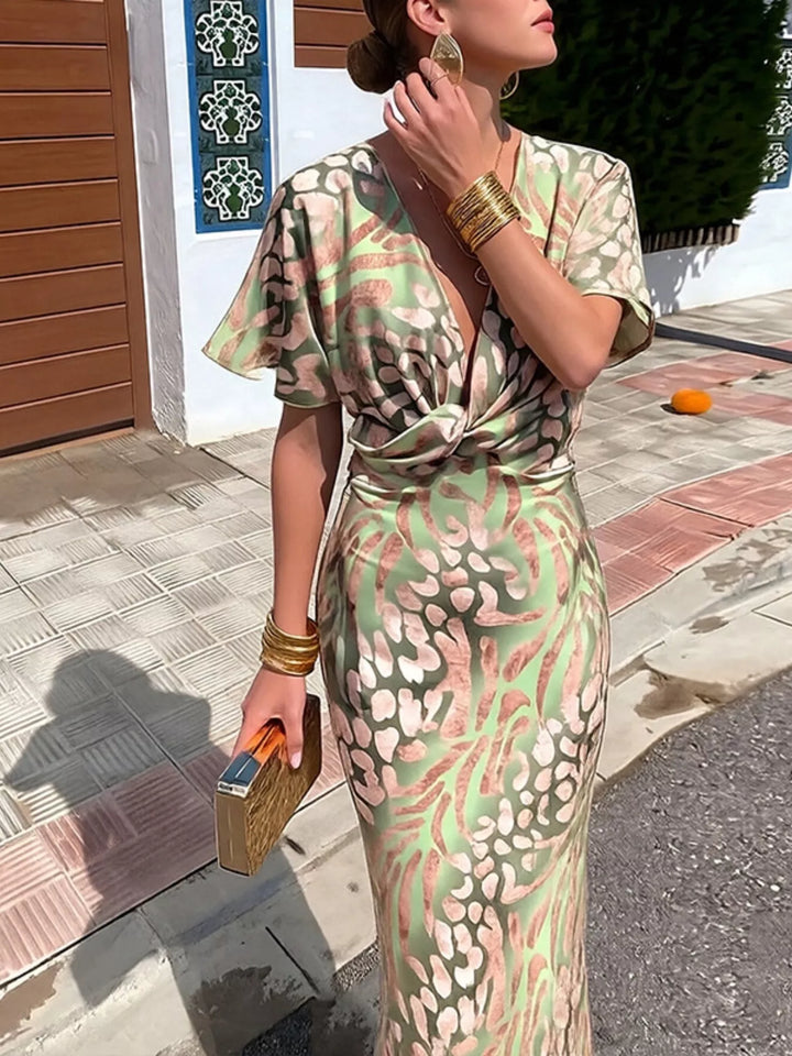 Twist-front animal print V-neck maxi dress