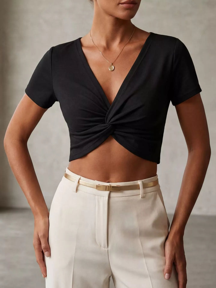 Short-sleeve twist-front deep V-neck crop top
