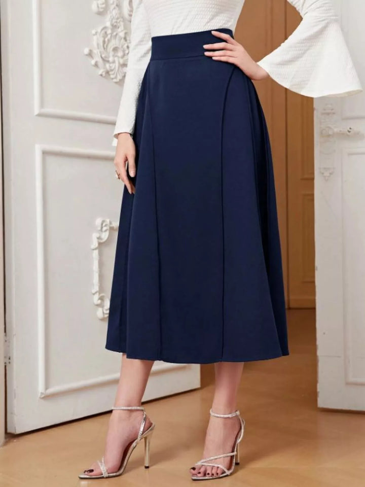 Dark Blue High-waist A-line midi skirt with wide waistband