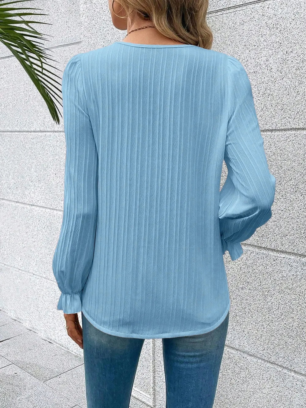 Lace-trim V-neck blouse with flounce sleeves